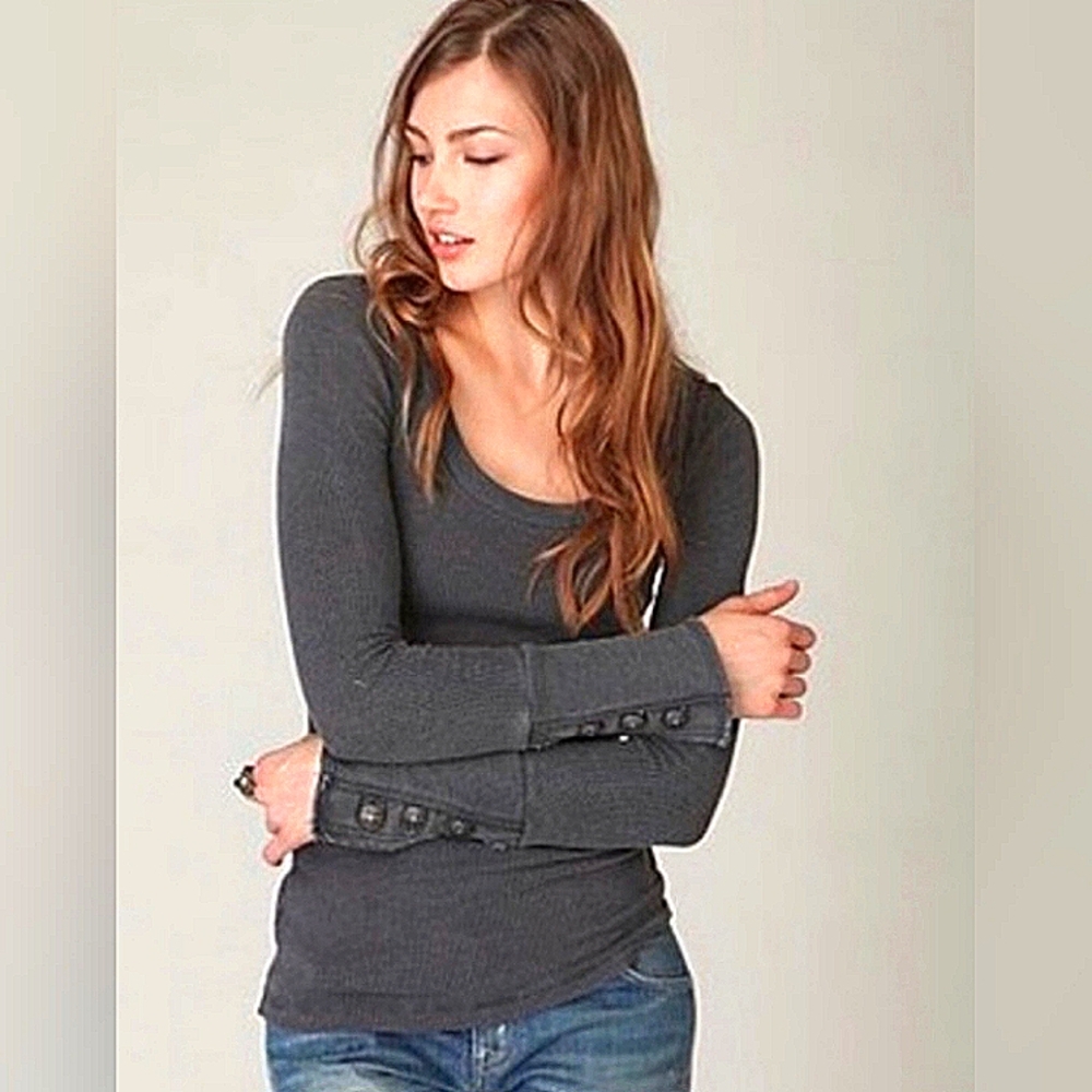RARE! Free People Motor Cuff Military Waffle Thermal Tee-GREY SMALL